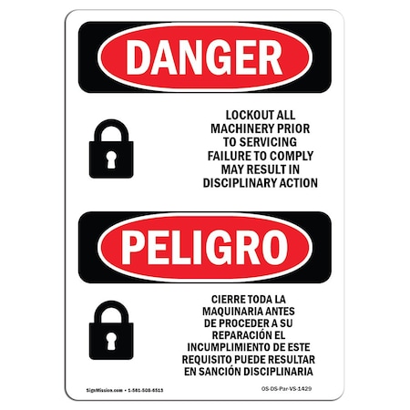 OSHA Danger, Lockout Machinery Prior Servicing Bilingual, 14in X 10in Aluminum